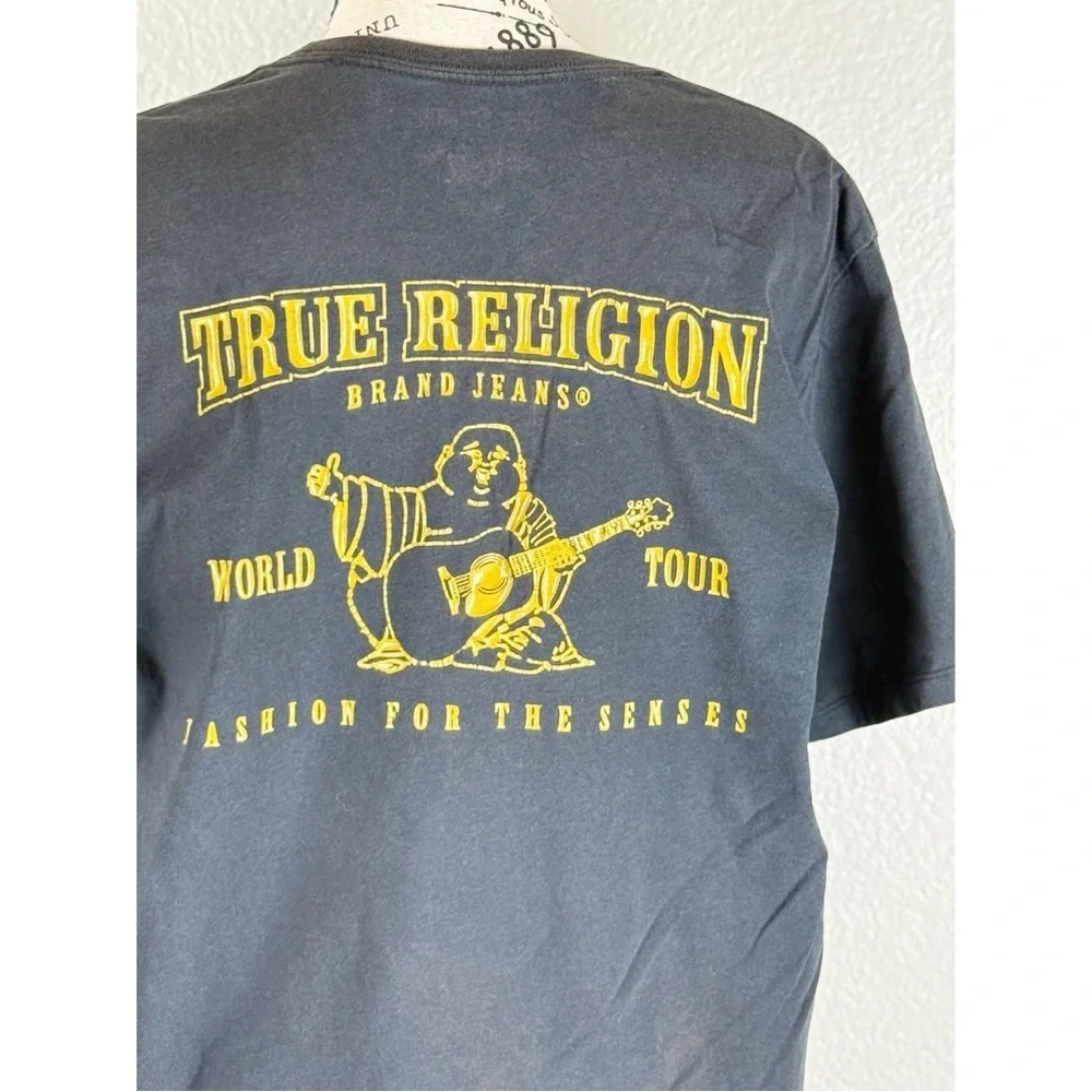 True Religion Distressed Black Buddha Logo Tee Shirt with Gold Emblem Medium